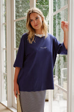 Load image into Gallery viewer, Luna Oversized Tee -prussian blue/ceres script embroidery