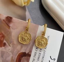 Load image into Gallery viewer, 18K Gold Plated Sun Medallion Earrings