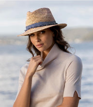 Load image into Gallery viewer, Christine Raffia Fedora -Natural/Cobalt