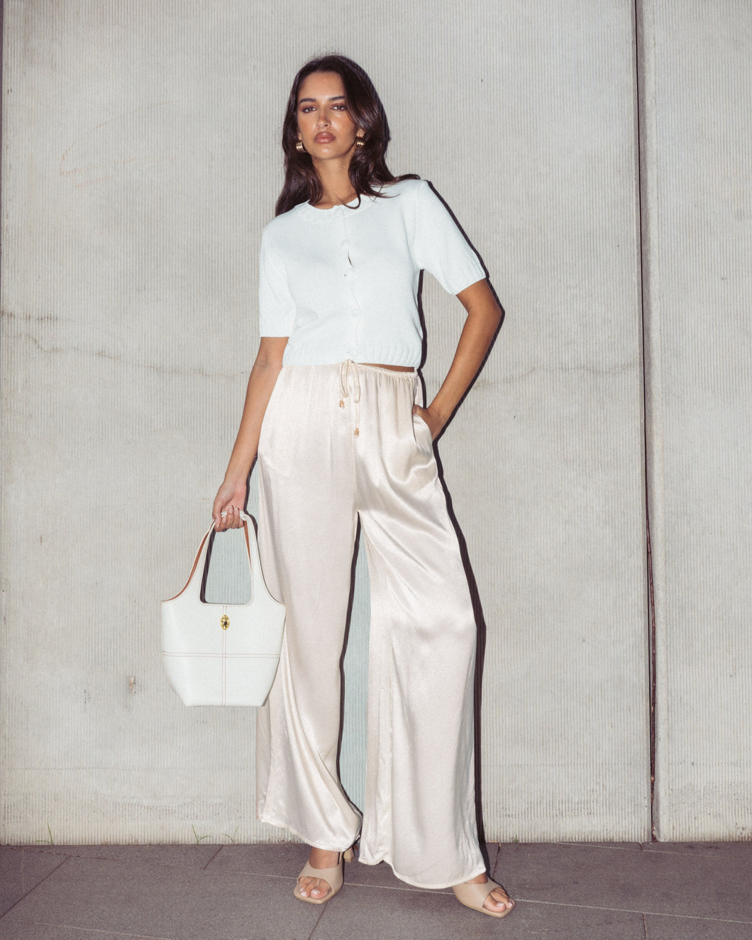 Celeste Satin Wide-Leg Pants – Champagne