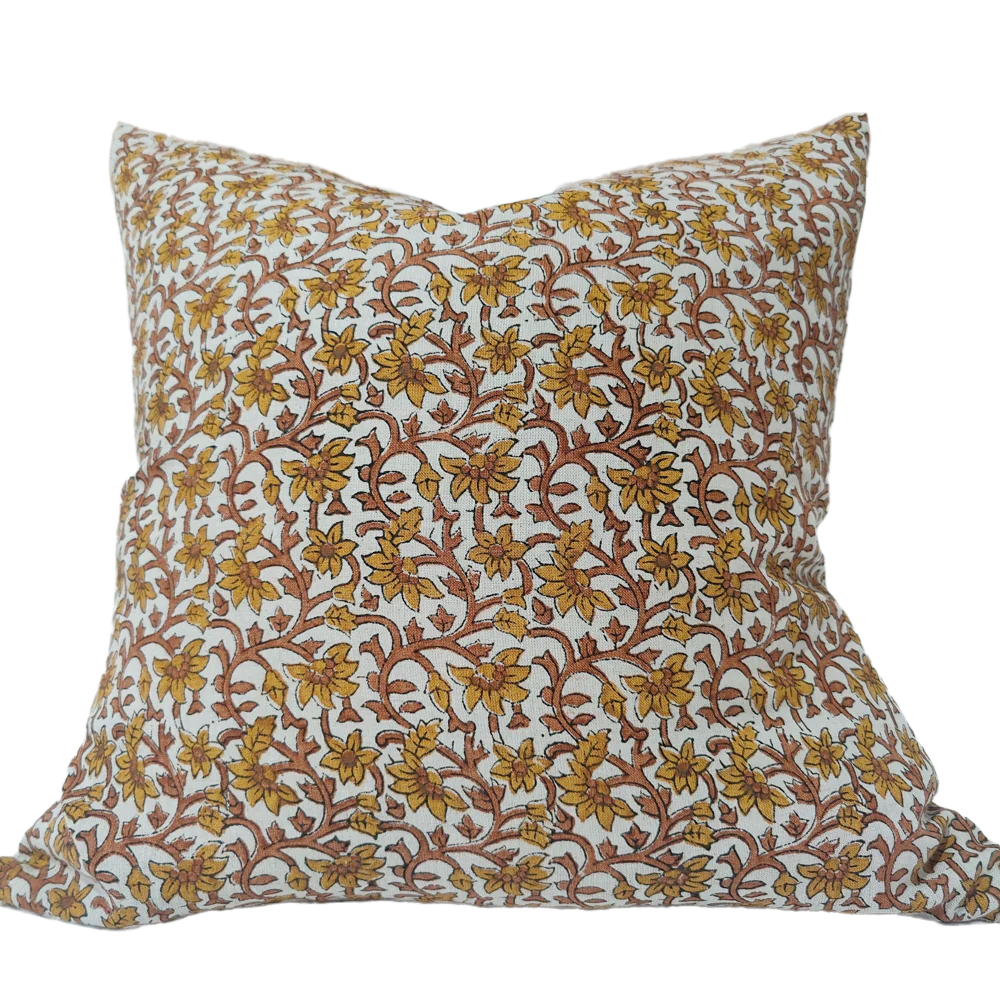 Jaipur Artisan Block Printed French Linen Cushion 55cm - Mughal Flower