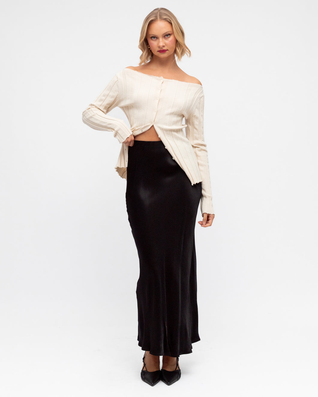 Luna Satin Bias Skirt – Black