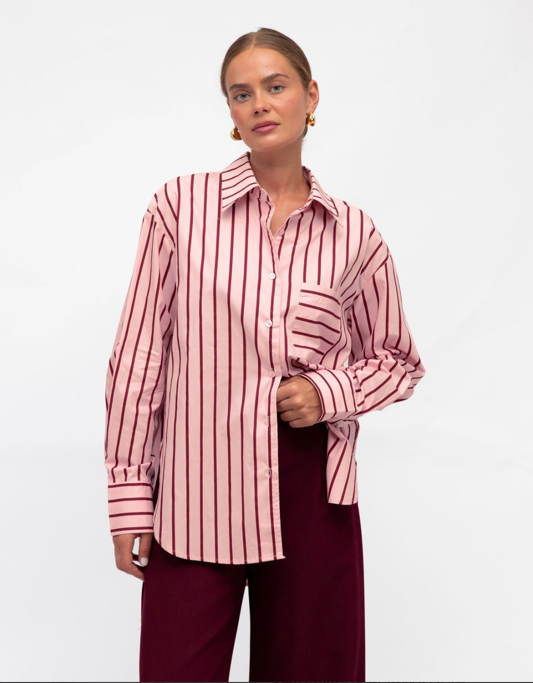 PINK RED STRIPE BOTTON UP